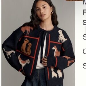 Anthropologie NWT Navy Dog  Tie-Neck Cardigan see photo one funky dog